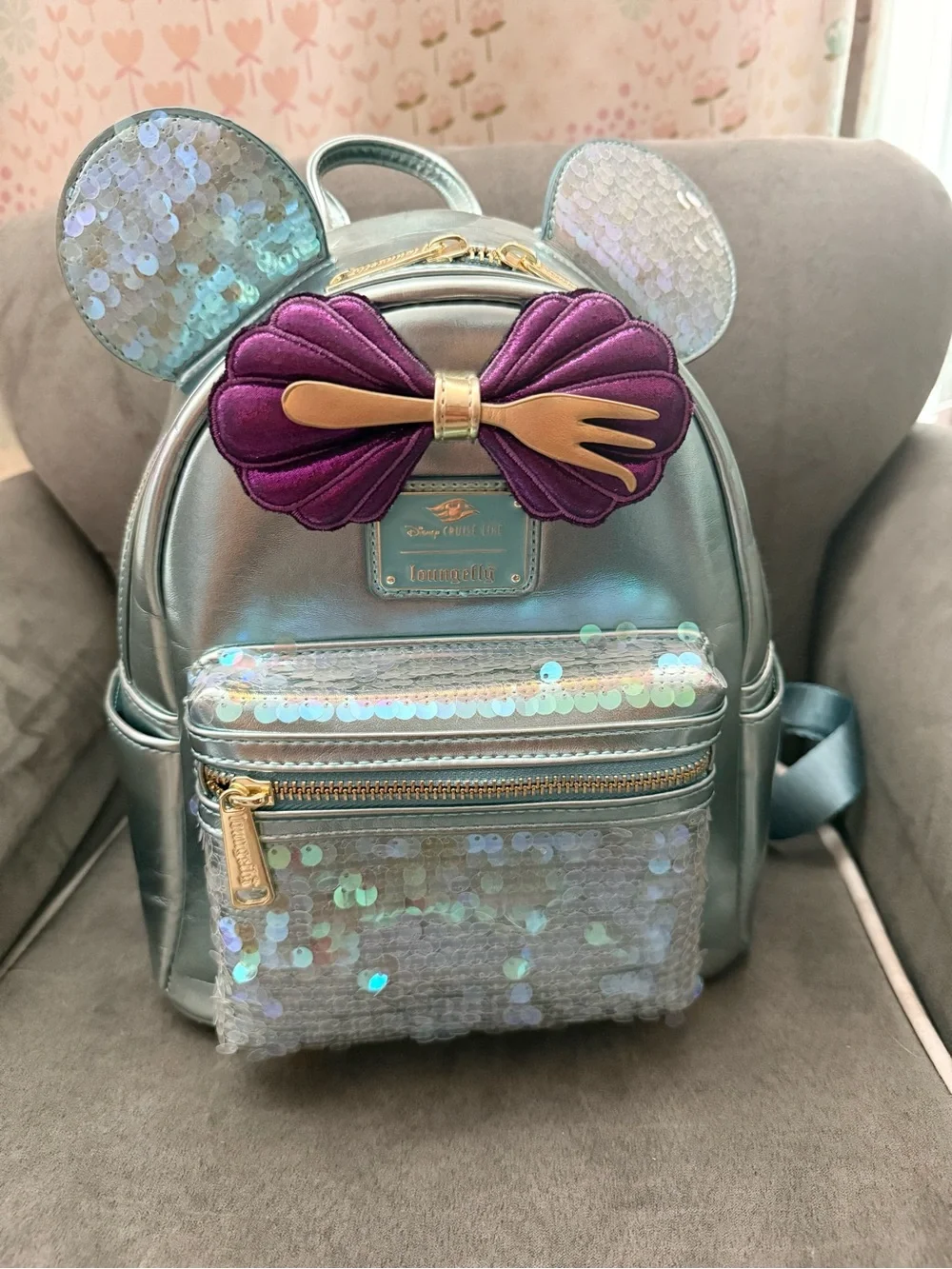 Disney Cruise Line Loungefly Iridescent Silver Kids Backpack w/Purple Shell Bow